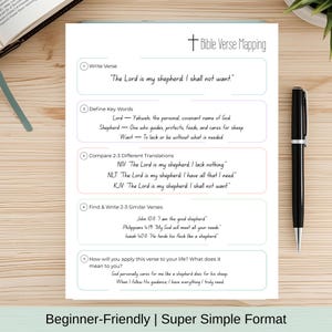 May include: A white Bible Verse Mapping worksheet with text and a black pen. The worksheet includes sections for writing verses, defining key words, comparing translations, and finding similar verses. The text at the bottom reads: Beginner-Friendly | Super Simple Format.