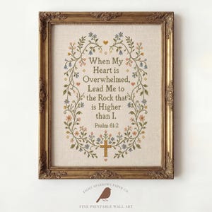Psalm 61:2 Faux Cross Stitch Printable Wall Art | Vintage Scripture Print | Christian Cottagecore Decor (Instant Download)