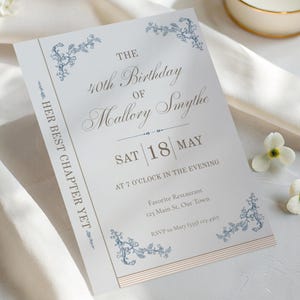 May include: A white invitation card with blue floral accents and text. The text reads "The 40th Birthday of Mallory Smythe" with the date "SAT 18 MAY". Additional text includes "Her Best Chapter Yet" and RSVP information.