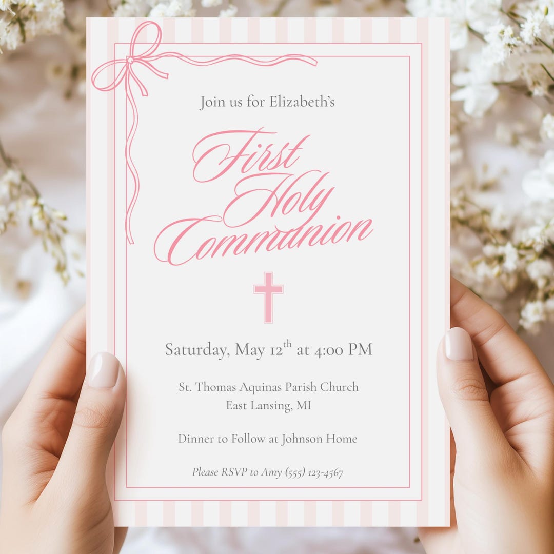 Pink Bow Girl's First Holy Communion Invitation | Editable Printable ...