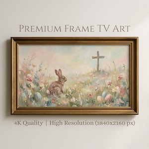 May include: Framed artwork featuring a brown rabbit in a field of flowers with a cross in the background. The painting has a gold frame and the text "PREMIUM FRAME TV ART" is at the top. The bottom of the frame has the text "4K Quality | High Resolution (3840x2160 px)".
