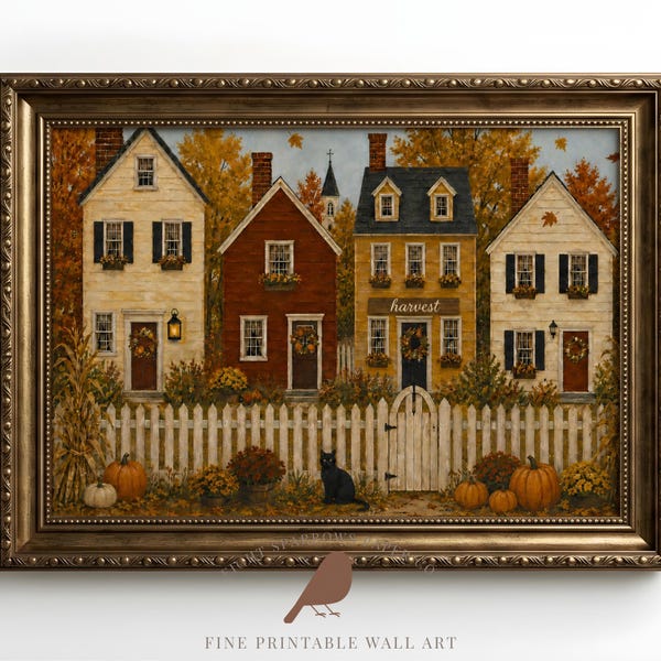 Autumn in New England Village Printable Wall Art | Modern Folk Art Print | Fall Cottagecore Decor (Instant Download)
