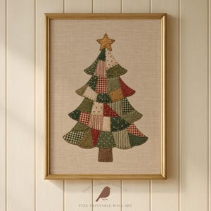 Patchwork kerstboom printbare muurdecoratie | Vintage stijl textielkunstprint | Cottagecore kerstdecoratie (direct te downloaden)