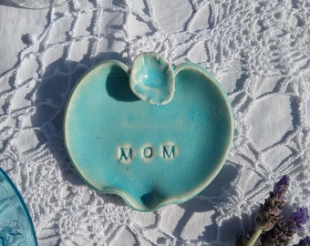 Handmade 'Mom' Heart Dish, Turquoise Ceramic Trinket Dish