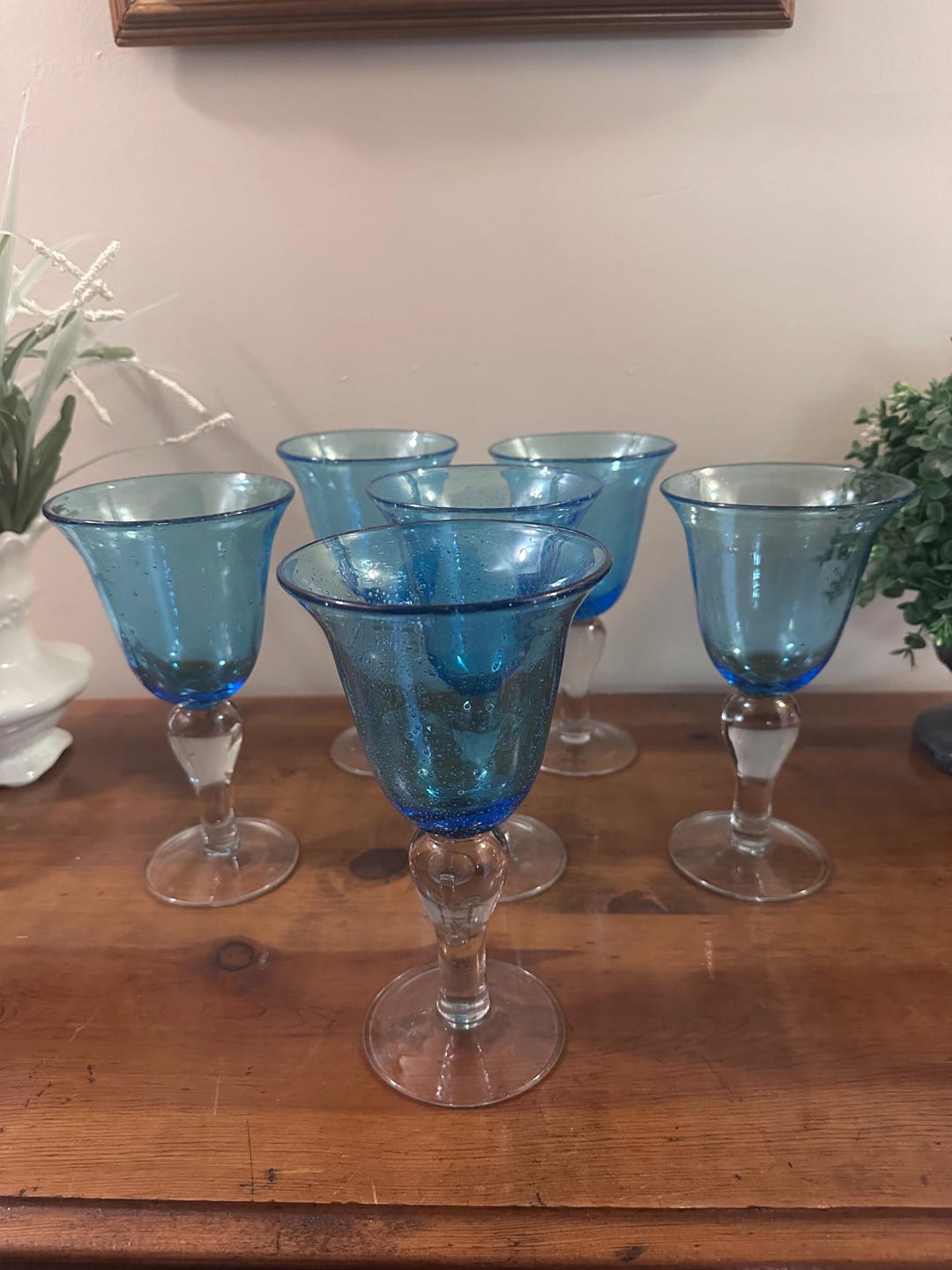 Set of 6 Blue Bubble Glass Wine Goblets | Artland Iris Style | Hand ...