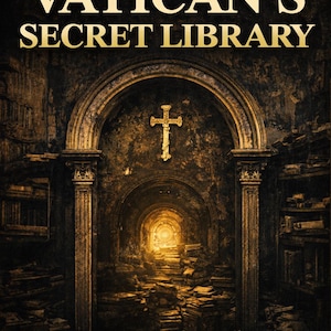 May include: An artistic rendering of a library with the text "THE VATICAN'S SECRET LIBRARY" in gold lettering. The image features a golden cross and a tunnel leading to a bright light.