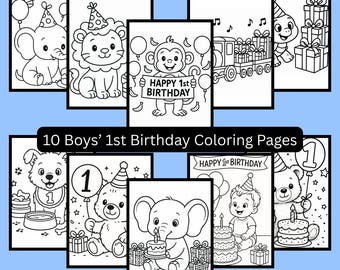 10 Boys’ 1st Birthday Coloring Pages | Printable PDF, Instant Download, First Birthday Party Activities for Kids, Toddler Birthday Crafts