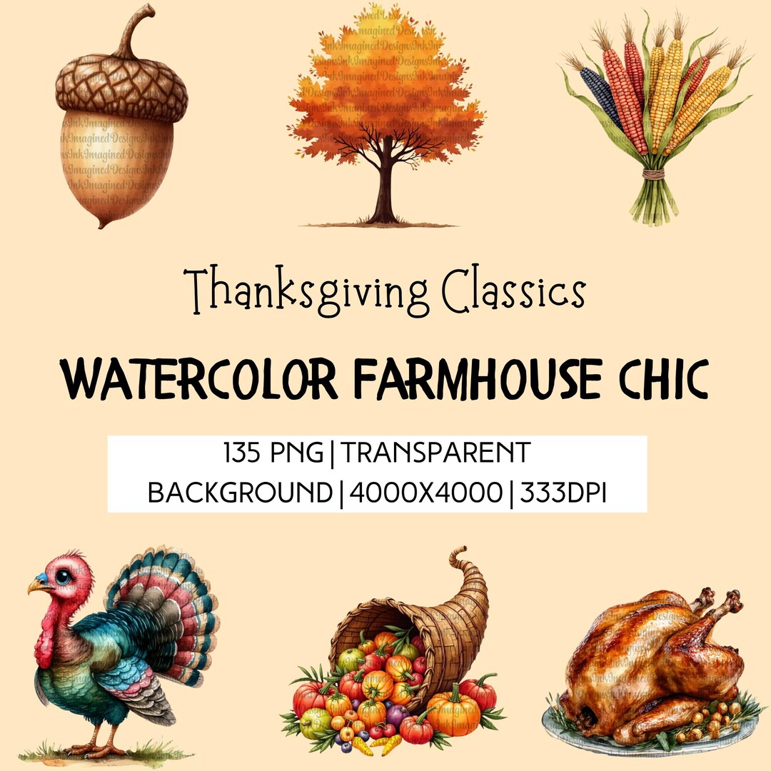 Thanksgiving PNG Clipart Bundle | Watercolor Farmhouse Fall Aesthetic