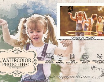 Custom Order Digital Watercolor, Personalized painting gift from Photo, Child Profesional Service, Children Portrait Retouching