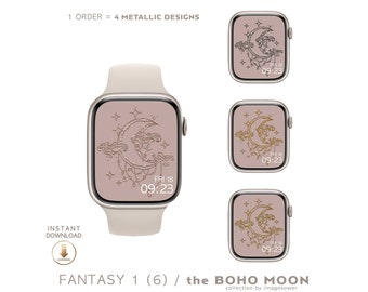 Apple Watch Wallpaper Gold Metallic Moon, Boho Apple Watch Face, Smart Watch Minimal Linear Design Pack, Witchy Decoration