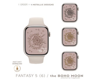 Apple Watch Wallpaper Gold Metallic Moon & Sun, Boho Apple Watch Face, Smart Watch Minimal Linear Design Pack, Witchy Symbol