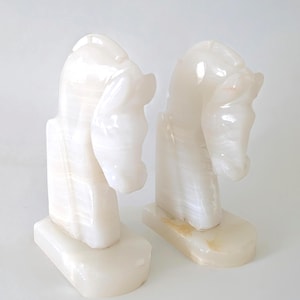 Vintage Italian Alabaster Horse Bookends | Mid Century Modern Sculptural Statues | MCM Library Home Decor