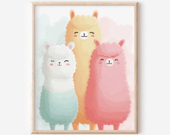 Pastel Alpaca Trio Wall Art | Artful Cute Alpaca Illustration for Kids Room | Neutral Nursery Animal Decor | Digital Download