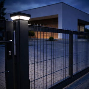 Op de afbeelding: Een zwart metalen hek met een ingebouwde lamp aan de bovenkant van de poortpaal. Het rechthoekige licht straalt zachtjes. Het hek staat voor een modern huis met een geplaveide oprit.