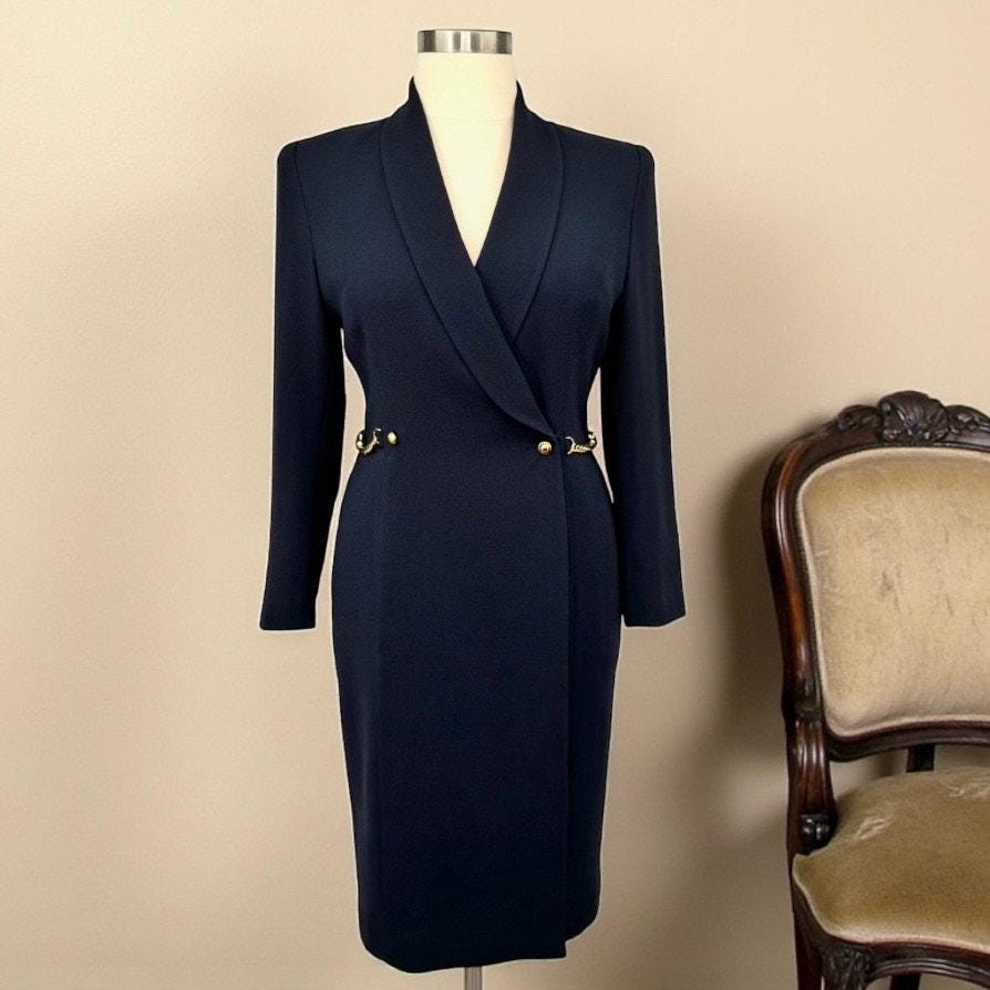 navy blue blazer dress Miss Circle Tahlia Deep V Pinstripes Navy Blue Blazer Dress with scarf collar S main image 0