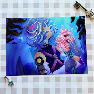 May include: A vibrant art print featuring a character with blue and purple hair, holding pink flowers. The artwork has a fantasy theme with a blue and purple color palette. A key-shaped charm and a key are also present.