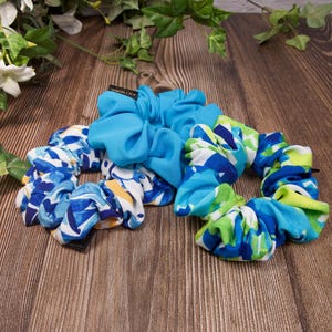 Tropical Ocean Rayon Scrunchie Set | Blue, Green & Abstract Print Hair Ties | Lightweight Summer Hair Accessories | summer vibe scrunchies