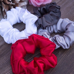 WHITE GRAY RED Satin Scrunchie | Silver Scrunchie | Grey Hair Tie | Red Satin Scrunchie | Bridesmaid gift  |  gift for her