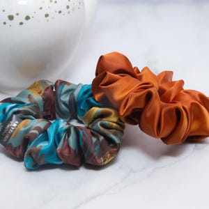 Handmade Satin Scrunchie Set: Rust Orange & Teal Marble Hair Ties