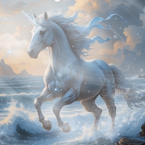 May include: A digital illustration of a white unicorn running through ocean waves. The unicorn has a glowing horn and flowing mane. The background features a cloudy sky, a full moon, and distant mountains.