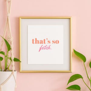 Könnte beinhalten: Gerahmter Druck mit dem Satz "that's so fetch" in korallenfarbenen und rosa Buchstaben. Der goldene Rahmen umgibt einen weißen Hintergrund, vor einer rosa Wand. Eine Hängepflanze in einem Makramee-Halter und eine Kletterpflanze sind sichtbar.