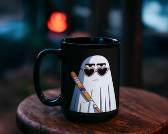 Funny Ghost Mug: Black Coffee Cup with Bat & Shades