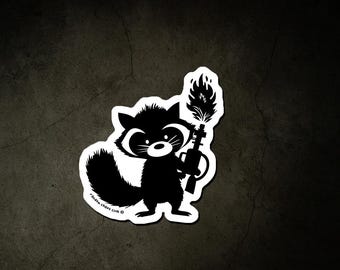 Chaotic Raccoon Sticker: Funny Trash Panda with Flamethrower Vinyl Decal
