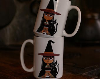Mug visage de sorcière au repos | Tasse à café sorcière sarcastique et chat