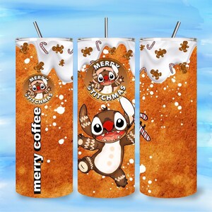 May include: A set of three stainless steel tumblers with a festive gingerbread theme. Each tumbler features a brown background with white icing, gingerbread men, and candy canes. The text "merry coffee" and "Merry Stitchmas" are also visible.