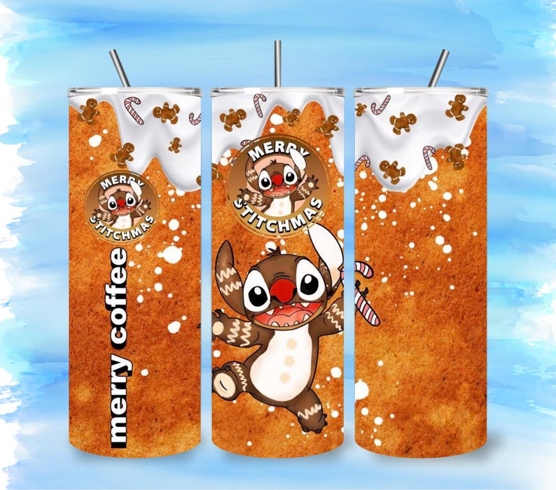 May include: A set of three stainless steel tumblers with a festive gingerbread theme. Each tumbler features a brown background with white icing, gingerbread men, and candy canes. The text "merry coffee" and "Merry Stitchmas" are also visible.