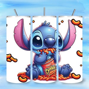 May include: A set of three white stainless steel tumblers featuring a cartoon illustration of Stitch from Lilo & Stitch. Stitch is depicted eating Cheetos. The tumblers have a straw and a blue and pink background.