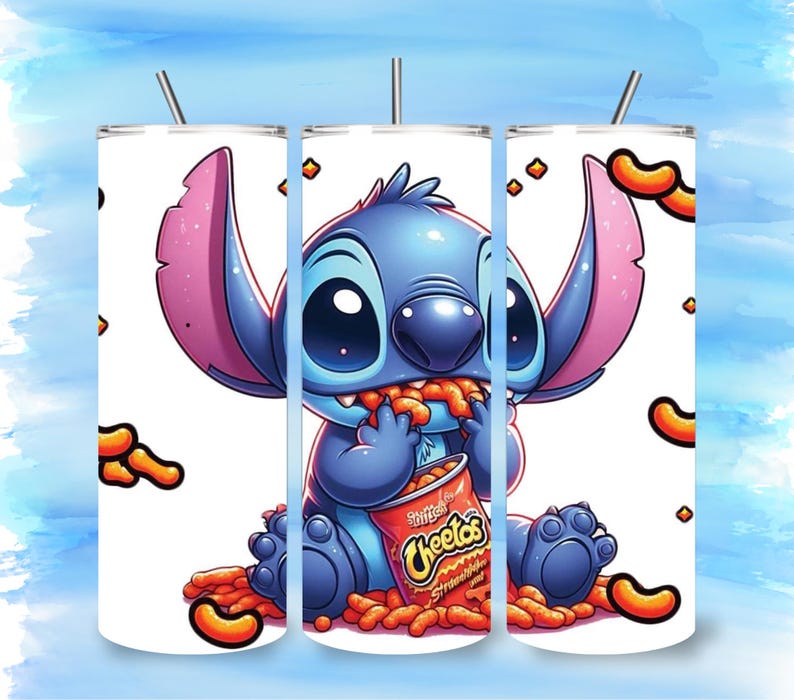 May include: A set of three white stainless steel tumblers featuring a cartoon illustration of Stitch from Lilo & Stitch. Stitch is depicted eating Cheetos. The tumblers have a straw and a blue and pink background.