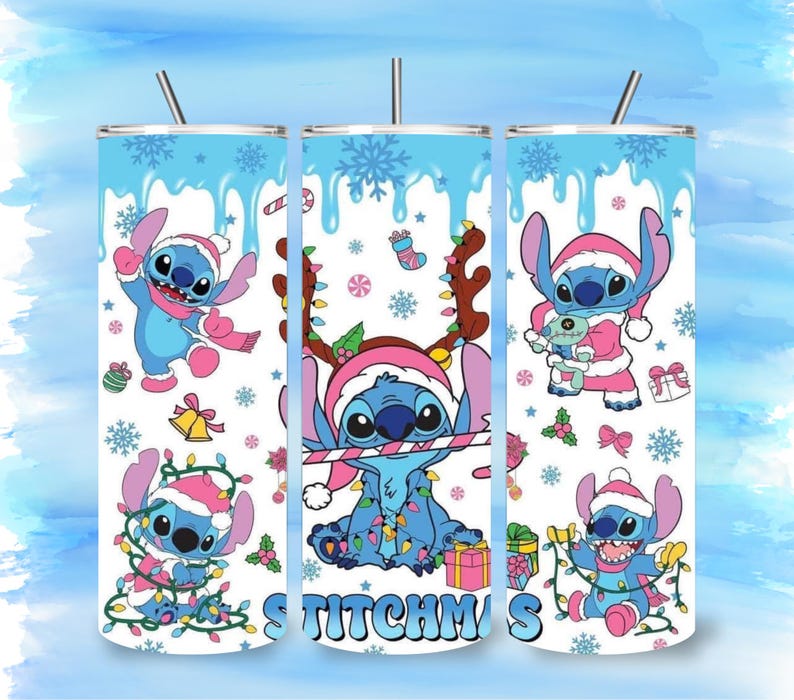 May include: Three stainless steel tumblers with a festive design featuring the character Stitch in various Christmas-themed outfits. The tumblers have a light blue background with snowflakes and the word "Stitchmas". Each tumbler has a silver straw.