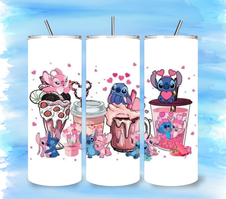 May include: White tumbler featuring cartoon characters Stitch and Angel with pink hearts and desserts. The design includes a milkshake, coffee cup, and a drink with a straw. The tumbler has a silver lid and a straw.