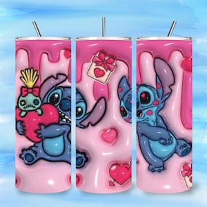 May include: Three stainless steel tumblers with a pink and blue design featuring the character Stitch. The tumblers have a pink background with a dripping effect and heart accents. Each tumbler has a straw.