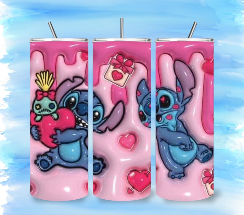May include: Three stainless steel tumblers with a pink and blue design featuring the character Stitch. The tumblers have a pink background with a dripping effect and heart accents. Each tumbler has a straw.