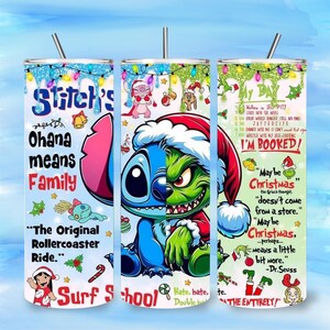 May include: Three stainless steel tumblers with straws. The tumblers feature a design with Stitch and the Grinch in Santa hats, and text that reads "Ohana means Family" and "May be Christmas". The tumblers are decorated with Christmas lights.