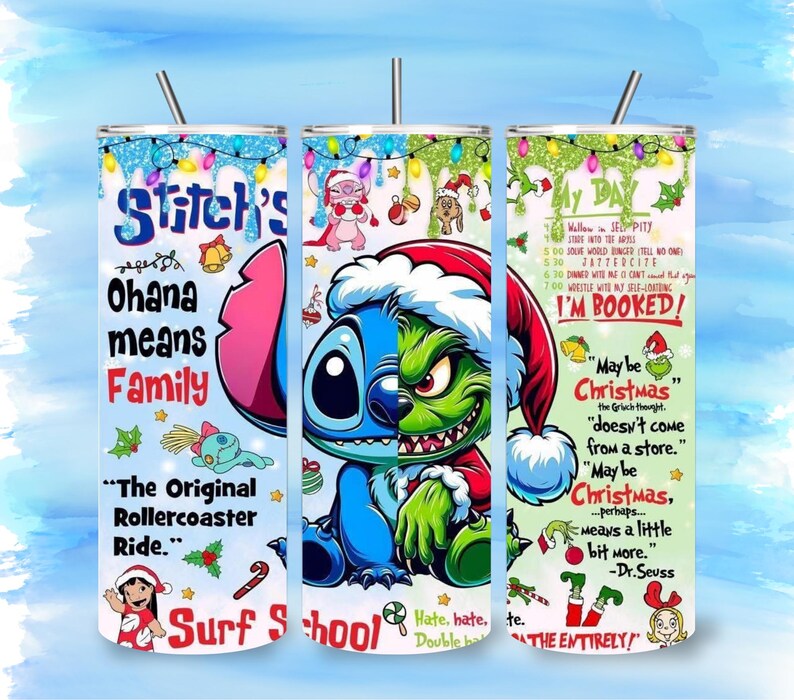 May include: Three stainless steel tumblers with straws. The tumblers feature a design with Stitch and the Grinch in Santa hats, and text that reads "Ohana means Family" and "May be Christmas". The tumblers are decorated with Christmas lights.