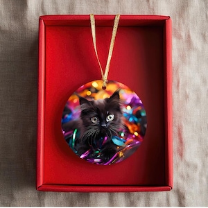 Black Kitten in Tinsel Ceramic Ornament | Double-Sided Holiday Decoration