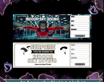 May include: Two indoor skydiving tickets with a black and white design. The top ticket features a person in a red suit, while the bottom ticket has a parachute graphic. Both tickets have fill-in-the-blank sections for name, date, time, and message.