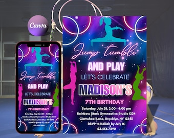 Gymnastics Birthday Invitation, Daisy Birthday Invite, Retro Rainbow, Girl Birthday Gym Party, Christmas Party Invite, Editable Canva