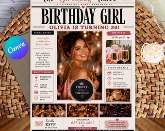 May include: A newspaper-style birthday invitation titled The Birthday Times featuring a central photograph of a smiling person, text announcing Olivia is turning 30, event details for May 24, 2025, at The Ivy Room, and a RSVP phone number.