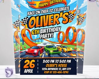 May include: Birthday party invitation with a race car theme. The invitation includes the text "Happy Birthday," "Race on over to celebrate," and "Oliver's 6th Birthday Party!" The design showcases race cars on a track with orange loops and checkered flags. The date and time are also included.