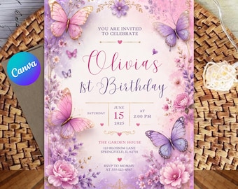 Może przedstawiać: Prostokątne zaproszenie na urodziny z fioletowo-różowym tłem akwarelowym, kwiatami i motylami. Tekst brzmi: You are invited to celebrate Olivia's 1st Birthday, Saturday June 15 2025 at 2:00 PM, The Garden House, 123 Blossom Lane, Springfield, IL 62701, RSVP to Mommy at 555-123-4567.
