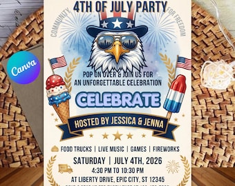 4th of July Party Invitation, Patriotic Summer BBQ, Editable Canva Template (Digital Download)