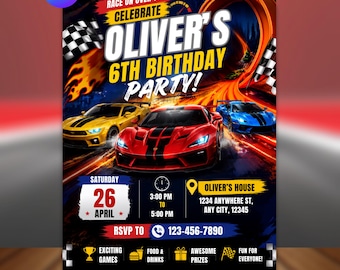May include: A birthday party invitation flyer featuring a race car theme with a red, yellow, and blue car on a track. The text reads: Race on over to celebrate Oliver's 6th birthday party, Saturday 26 April, 3:00 PM to 5:00 PM, Oliver's house, 1234 Anywhere St, Any City, 12345, RSVP to 123-456-7890.