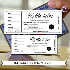 Puede incluir: Dos boletos de rifa blancos con texto negro, con campos para nombre, dirección y datos de contacto. Los boletos tienen las palabras "Raffle ticket" en una fuente de escritura. La parte inferior de la imagen dice "Editable Raffle Ticket".
