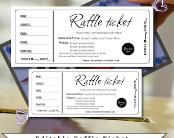 May include: Two white raffle tickets with black text, featuring fields for name, address, and contact details. The tickets have the words "Raffle ticket" in a script font. The bottom of the image reads "Editable Raffle Ticket".