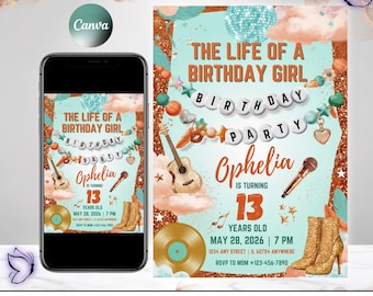 May include: A digital birthday invitation template featuring a light blue background with copper glitter accents, a disco ball, an acoustic guitar, a microphone, and gold high-heeled boots. Text reads: THE LIFE OF A BIRTHDAY GIRL, BIRTHDAY PARTY, Ophelia IS TURNING 13 YEARS OLD, MAY 28, 2026, 7 PM, 1234 ANY STREET, IL 62704 ANYWHERE, RSVP TO MOM +123-456-7890.