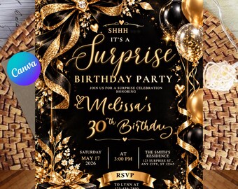 Może przedstawiać: Czarno-złote zaproszenie na urodziny z dużą brokatową kokardą, balonami i prezentem. Tekst brzmi: SHHH IT'S A Surprise BIRTHDAY PARTY, JOIN US FOR A SURPRISE CELEBRATION HONORING Melissa's 30th Birthday, SATURDAY MAY 17 2026 AT 3:00 PM.